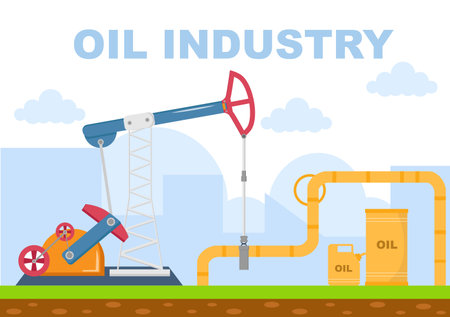Oil Gas Industry Vector Illustration. Crude Extraction, Refinery Plant, Drilling, Gas Station, Tank use Pipe and Delivery of Fuel by Truck Transportationのイラスト素材