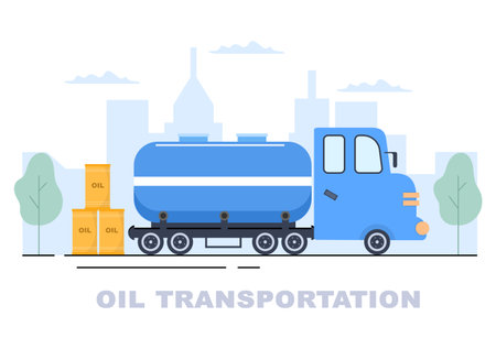Oil Gas Industry Vector Illustration. Crude Extraction, Refinery Plant, Drilling, Gas Station, Tank use Pipe and Delivery of Fuel by Truck Transportationのイラスト素材