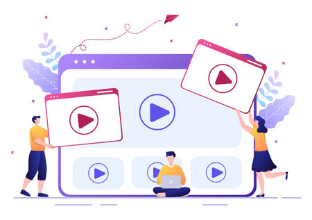 Video Tutorials Background Vector Illustration. Watching and Streaming Online on Computer About Education, Knowledge for Web Banner, Brochures, Poster or Book Coverのイラスト素材