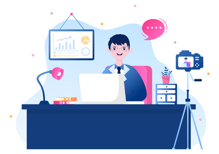 Video Tutorials Background Vector Illustration. Watching and Streaming Online on Computer About Education, Knowledge for Web Banner, Brochures, Poster or Book Coverのイラスト素材