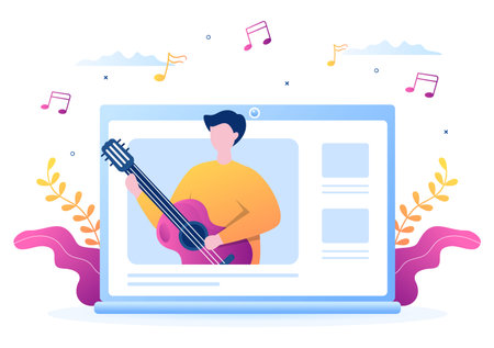 Video Tutorials with Boys Learning to Play and Watch Online Music Lessons About Playing Guitar on the Internet for Posters or Web Banners. Background Vector Illustrationのイラスト素材