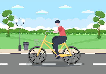 Bicycle Vector Flat Illustration. People Riding Bikes, Sports and outdoor recreational activities on Park Road or Highway are living a healthy lifestyleのイラスト素材
