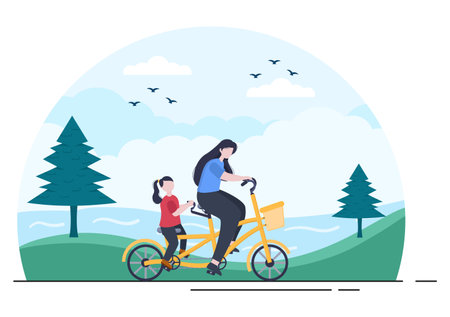 Bicycle Vector Flat Illustration. People Riding Bikes, Sports and outdoor recreational activities on Park Road or Highway are living a healthy lifestyleのイラスト素材