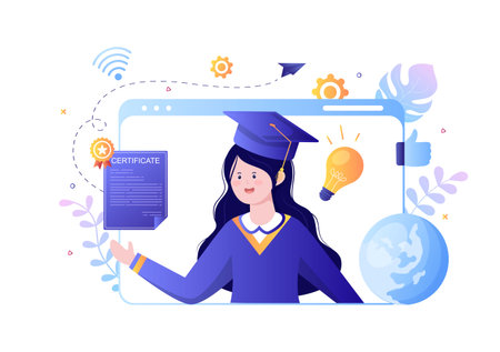 Graduation Certificate Document Icon with License badge, Diploma. Hat and Medal. Online Education for Website or Poster Background Vector Illustrationのイラスト素材