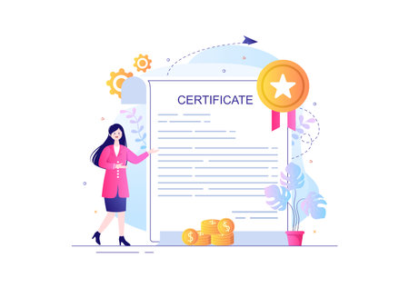 Certificate Document Icon with License Badge, Diploma and Medal for Website, Poster or Brochure Background Vector Illustrationのイラスト素材