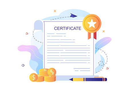 Certificate Document Icon with License Badge, Diploma and Medal for Website, Poster or Brochure Background Vector Illustrationのイラスト素材