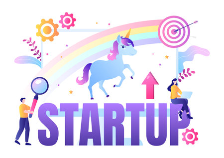 Unicorn Business Startup Symbol Vector Illustration. Businessman of Development Process, Innovation Product, and Creative Idea See the Goal to be Successfulのイラスト素材