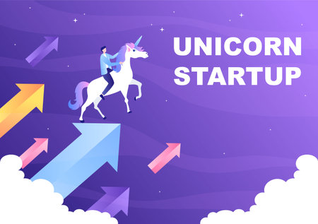 Unicorn Business Startup Symbol Vector Illustration. Businessman of Development Process, Innovation Product, and Creative Idea See the Goal to be Successfulのイラスト素材