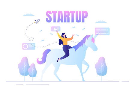 Unicorn Business Startup Symbol Vector Illustration. Businessman of Development Process, Innovation Product, and Creative Idea See the Goal to be Successfulのイラスト素材
