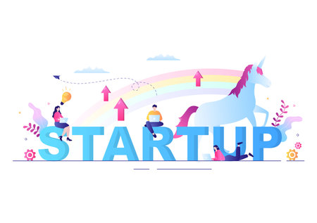 Unicorn Business Startup Symbol Vector Illustration. Businessman of Development Process, Innovation Product, and Creative Idea See the Goal to be Successfulのイラスト素材