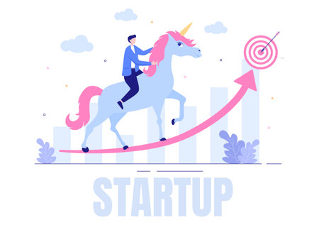 Unicorn Business Startup Symbol Vector Illustration. Businessman of Development Process, Innovation Product, and Creative Idea See the Goal to be Successfulのイラスト素材