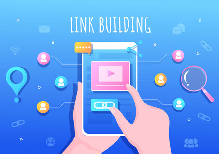SEO Link Building as Search Engine Optimization, Marketing and Digital for Home Page Development or Mobile Applications Vector Illustrationのイラスト素材