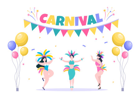 Happy Carnival Celebration Background Vector Illustration. People festival With Colorful Party, Confetti, Dance, Music and bright Costumes for Posterのイラスト素材