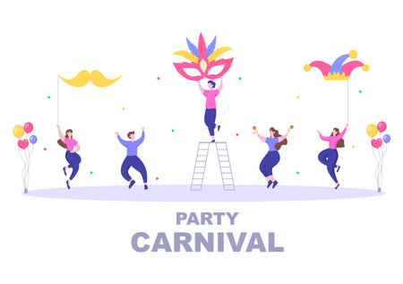 Happy Carnival Celebration Background Vector Illustration. People festival With Colorful Party, Confetti, Dance, Music and bright Costumes for Posterのイラスト素材