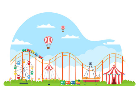 Summer Fair with Carnival, Circus, Funfair or Amusement Park. Landscape of Carousels, Roller Coaster, Air Balloon and Playground Vector Illustrationのイラスト素材
