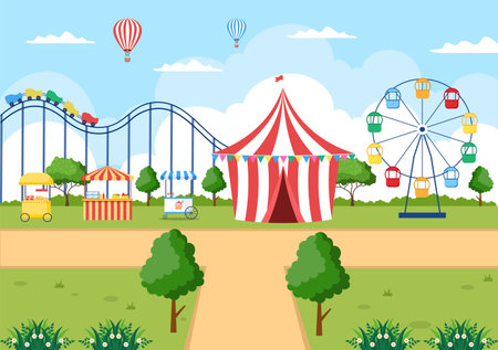 Summer Fair with Carnival, Circus, Funfair or Amusement Park. Landscape of Carousels, Roller Coaster, Air Balloon and Playground Vector Illustrationのイラスト素材