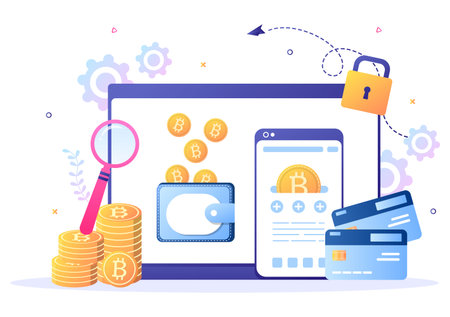 Cryptocurrency Wallet App on Mobile of Blockchain Technology, Bitcoin, Money Market, Altcoins or Finance Exchange with Credit Card in Flat Vector Illustrationのイラスト素材