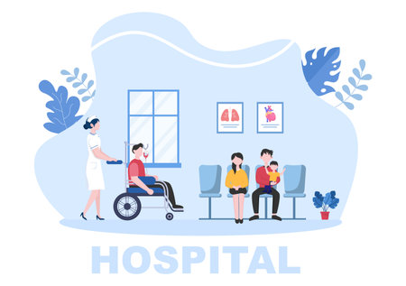 Hospital Building for Healthcare Cartoon Background Vector Illustration with, Ambulance Car, Doctor, Patient, Nurses and Medical Clinic Exteriorのイラスト素材