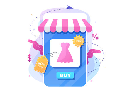 Mobile Store or Shopping Online in Application Vector Illustration. Digital Marketing Promotion, Payment and Purchase Via Credit Card for Posterのイラスト素材