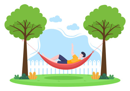 People Lying on Hammock in Park Flat Cartoon Vector Illustration. Summer Vacation Outdoor Picnic Between Two Treesのイラスト素材