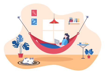 People Lying on Hammock in Home Flat Cartoon Vector Illustration. Summer Vacation Outdoor Picnic Between Two Wallsのイラスト素材