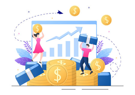 Investment Financial Success Freedom Flat Vector Illustration. Business People Increasing Capital and Profits by Managing Finances Well or Saving Coinのイラスト素材