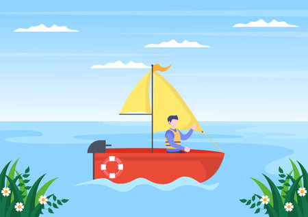 Cartoon Sailing Boat with Sea or Lake View Background Vector Illustration. Summer Time for Leisure, Sports Activity and Recreation Outdoors Lifestyleのイラスト素材