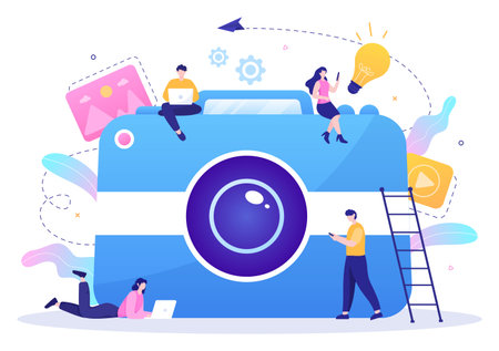 Photographer Flat Design Background with Camera, Digital Film Equipment Technology and Picture Person in Cartoon Style Vector Illustrationのイラスト素材