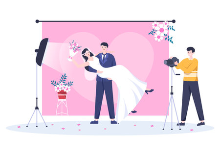 Wedding Studio Photo Flat Design. Photographer Shooting Model Man and Women with a Wedding Theme or Bridal Couple use Camera in Cartoon Style Vector Illustrationのイラスト素材