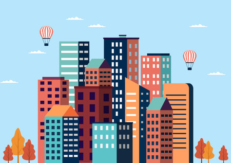 Modern City Landscape Buildings and Architecture Real Estate Silhouette Vector Background Illustration in Line Simple Geometric Flat Styleのイラスト素材