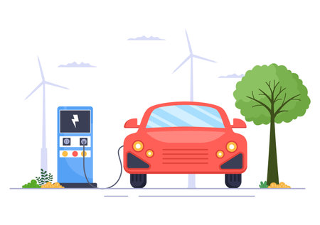 Charging Electric Car Batteries with the Concept of Charger and Cable Plugs that use Green Environment, Ecology, Sustainability or Clean Air. Vector illustrationのイラスト素材