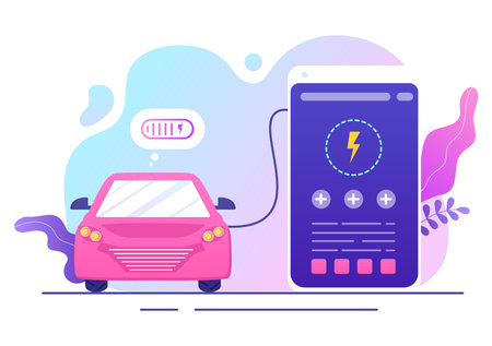 Charging Electric Car Batteries with the Concept of Charger and Cable Plugs that use Green Environment, Ecology, Sustainability or Clean Air. Vector illustrationのイラスト素材