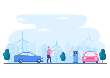 Charging Electric Car Batteries with the Concept of Charger and Cable Plugs that use Green Environment, Ecology, Sustainability or Clean Air. Vector illustrationのイラスト素材