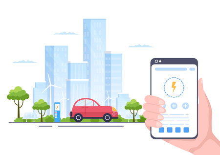 Charging Electric Car Batteries with the Concept of Charger and Cable Plugs that use Green Environment, Ecology, Sustainability or Clean Air. Vector illustrationのイラスト素材