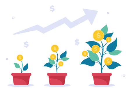 Money Tree of Financial Business Investment Profit Flat Design Vector Illustration with Dollar Banknotes and Golden Coins for Poster or Backgroundのイラスト素材