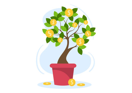Money Tree of Financial Business Investment Profit Flat Design Vector Illustration with Dollar Banknotes and Golden Coins for Poster or Backgroundのイラスト素材