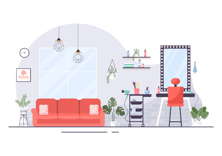 Beauty Salon Interior Flat Design Illustration There is Furniture, Table, Chairs, Bathtub, Mirror or Hairdryer for Washing, Manicure Pedicure, Cutting Hair and Make upのイラスト素材