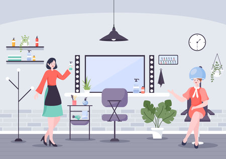 Hairdresser beauty Salon Flat Design Vector Illustration with Costumer for Haircuts, Coloring and Hairstylesのイラスト素材