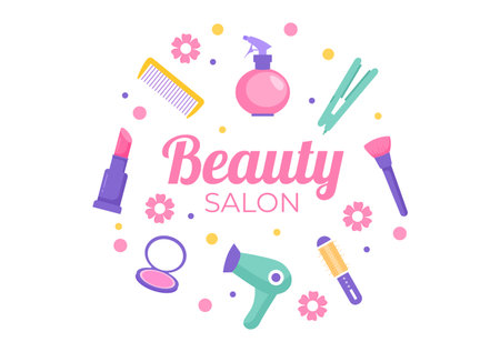 Beauty Salon Interior Flat Design Illustration There is Furniture, Table, Chairs, Bathtub, Mirror or Hairdryer for Washing, Manicure Pedicure, Cutting Hair and Make upのイラスト素材