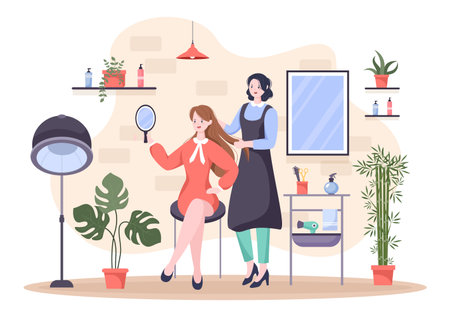 Hairdresser beauty Salon Flat Design Vector Illustration with Costumer for Haircuts, Coloring and Hairstylesのイラスト素材