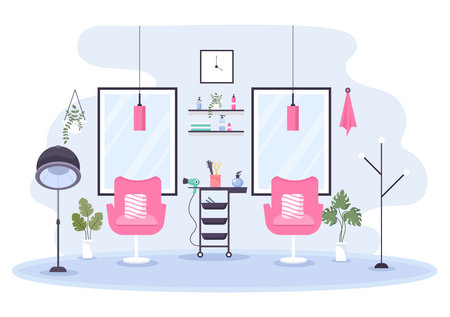 Beauty Salon Interior Flat Design Illustration There is Furniture, Table, Chairs, Bathtub, Mirror or Hairdryer for Washing, Manicure Pedicure, Cutting Hair and Make upのイラスト素材