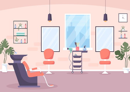 Beauty Salon Interior Flat Design Illustration There is Furniture, Table, Chairs, Bathtub, Mirror or Hairdryer for Washing, Manicure Pedicure, Cutting Hair and Make upのイラスト素材