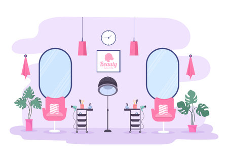 Beauty Salon Interior Flat Design Illustration There is Furniture, Table, Chairs, Bathtub, Mirror or Hairdryer for Washing, Manicure Pedicure, Cutting Hair and Make upのイラスト素材