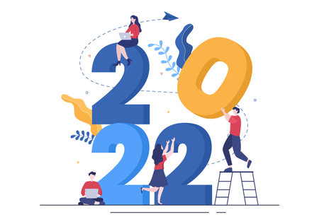 Happy New Year 2022 Template Flat Design Illustration with Ribbons and Confetti on a Colorful Background for Poster, Brochure or Bannerのイラスト素材