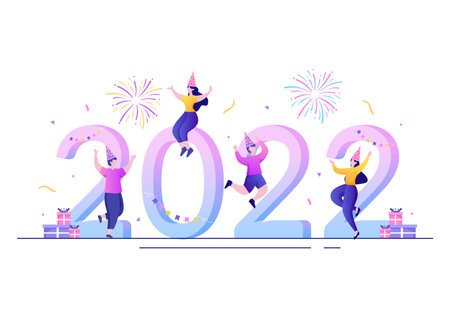 Happy New Year 2022 Template Flat Design Illustration with Ribbons and Confetti on a Colorful Background for Poster, Brochure or Bannerのイラスト素材