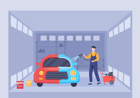 Car Painting Machine with Equipment a Paint, Airbrush or Spray Gun to the Vehicle Body for Give it a New Color in Flat Vector Illustrationのイラスト素材