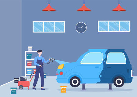 Car Painting Machine with Equipment a Paint, Airbrush or Spray Gun to the Vehicle Body for Give it a New Color in Flat Vector Illustrationのイラスト素材