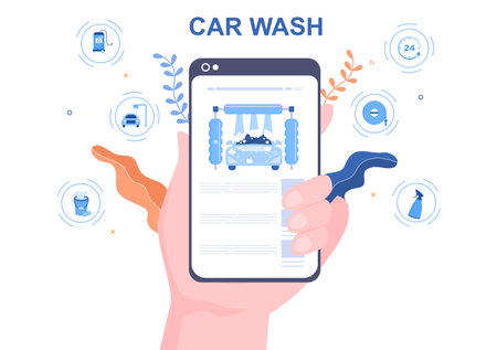 Car Wash Service Online Flat Design illustration. Workers Washing Automobile Using Sponges Soap and Water for Background, Poster or Bannerのイラスト素材