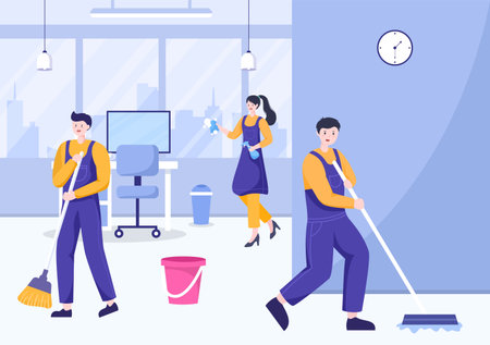 Cleaning Service Company flat Design Illustration. People Clean Wall Windows or Sweeping the Whole Room with a tool for Background, Banner and Posterのイラスト素材