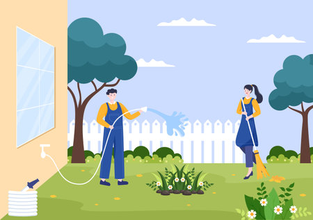 Cleaning Service flat Design Illustration. People Sweeping and Clean in the Road from Leaves with Broom for Background, Banner or Posterのイラスト素材